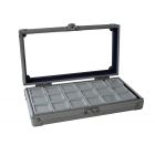 Aluminium Sammel-Vitrine 195x110 mm mit 18 Glasdeckeldosen