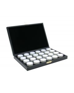 Edelsteinkassette, 24 runde Plastikboxen Ø 32 mm. weiß/schwarz