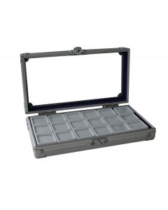 Aluminium Sammel-Vitrine 195x110 mm mit 18 Glasdeckeldosen