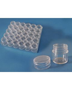 Plastik-Box mit 30 Runddosen Ø 25,7, H 28,5 mm.